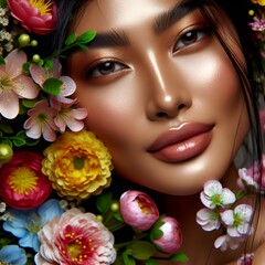 Portrait of a spring girl in flowers close-up