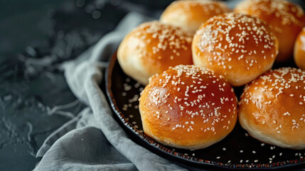 Lush buns with sesame seeds on a dark plate on a dark background - obrazy, fototapety, plakaty