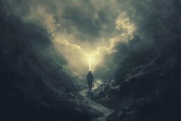 Man walking through dark valley guided by divine light, trusting in God's strength, Spiritual concept illustration - obrazy, fototapety, plakaty