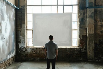 Man contemplating blank white poster in industrial loft interior, copy space for customization - obrazy, fototapety, plakaty