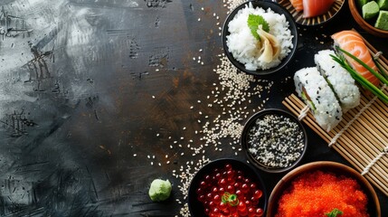 Obraz na płótnie Canvas Sushi food ingredients top view wallpaper background