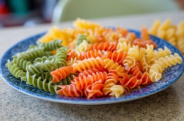 Multicolored fusilli pasta on a plate