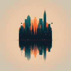 Abstract City Skyline at Sunset with Reflection