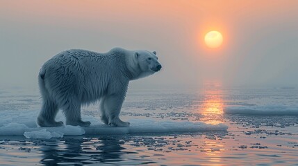 A polar bear standing on thin ice surrounded by a calm ocean under a bright, sunny sky