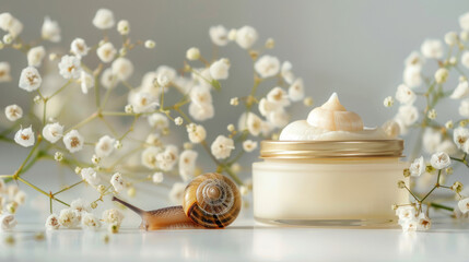 Organic cosmetics made with mucin and snail on table. Cream in a jar - Powered by Adobe