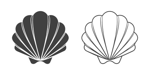 Scallop seashell logo. Isolated silhouette and contour drawing of a scallop on a white background. Vector