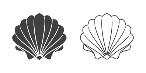 Scallop seashell logo. Isolated silhouette and contour drawing of a scallop on a white background. Vector - obrazy, fototapety, plakaty