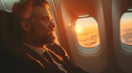 Business man sitting in airplane and looking at window wallpaper background