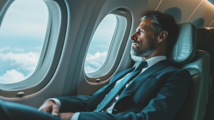 Business man sitting in airplane and looking at window wallpaper background