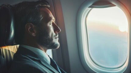 Fototapeta na wymiar Business man sitting in airplane and looking at window wallpaper background