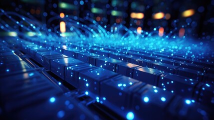 Futuristic Network Servers with Glowing Data Points - obrazy, fototapety, plakaty