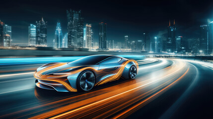 Futuristic Concept Car Speeding in a Neon City