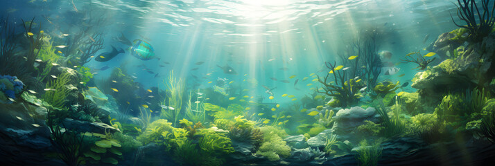 Emerald Underwater Ecosystem: A Mesmerizing Display of Algae’s Vital Role in Marine Life - obrazy, fototapety, plakaty