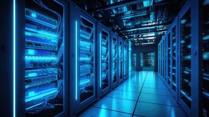 Futuristic Server Room with Blue Neon Lights - obrazy, fototapety, plakaty