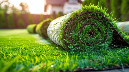 Natural landscaping grass turf rolls backyard wallpaper background - obrazy, fototapety, plakaty