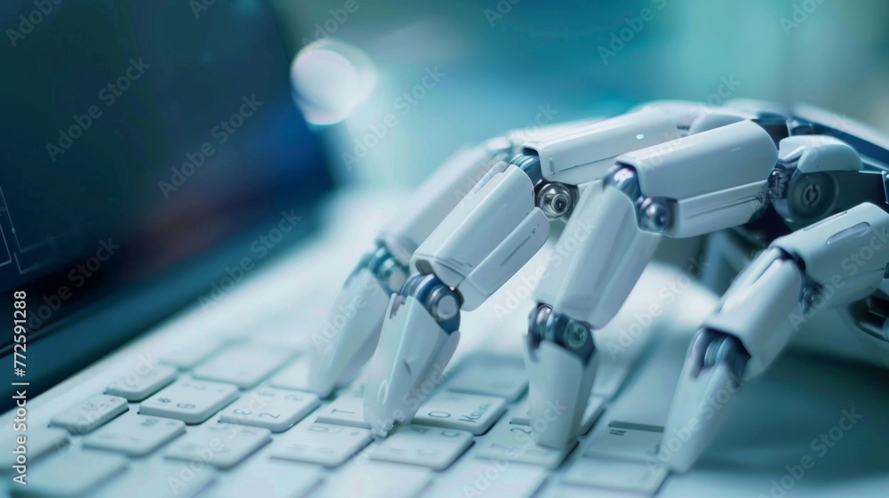 Poster robot hand typing on keyboard