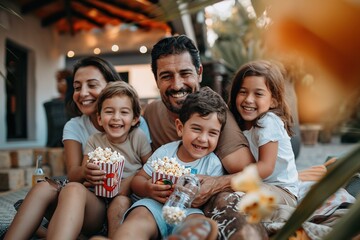 A family of five is sitting on a blanket and eating popcorn