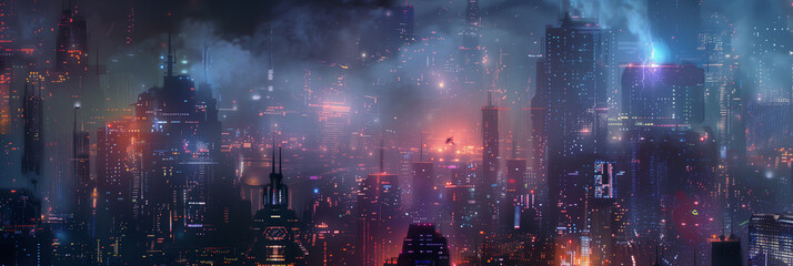 Illustration. Cyberpunk futuristic background panorama of big city. wide banner. Space for text. Mixed style painting. poster, business card, invitation, flyer, email, header. Generative Ai content - obrazy, fototapety, plakaty