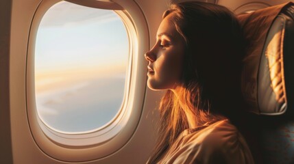 Fototapeta premium Young woman sitting in airplane and looking at window wallpaper background 