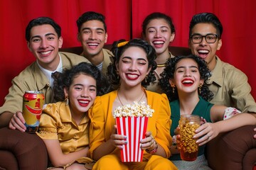 A group of people are sitting on a couch and holding popcorn