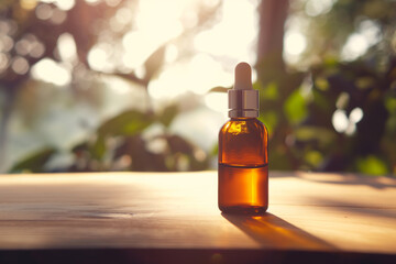 A dropper bottle of aromatherapy essential oil on a table outdoors - obrazy, fototapety, plakaty
