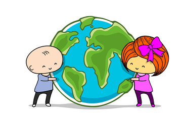 Happy Earth Day. Children hug planet earth.