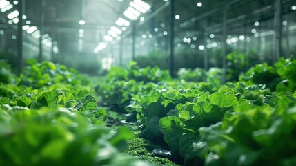 Lush field of plants inside greenhouse, thriving with greenery - obrazy, fototapety, plakaty