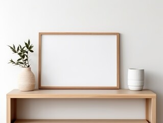 Obraz na płótnie Canvas Minimalist Wooden Frame Mockup on a Shelf