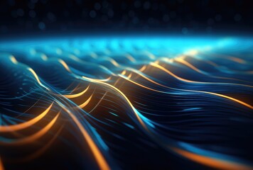 Abstract Glowing Waves on Dark Technology Background - obrazy, fototapety, plakaty