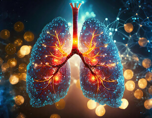 Human lungs with bronchial cells with bokeh lights. 3D illustration. Medical background.