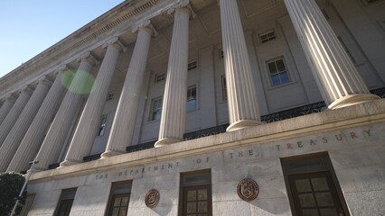 Wide angle view of the columns at the US Treasury Department in Washington, DC.