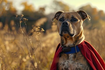A brave dog wearing a vibrant red cape stands proudly in a lush field, embodying the spirit of a true superhero.