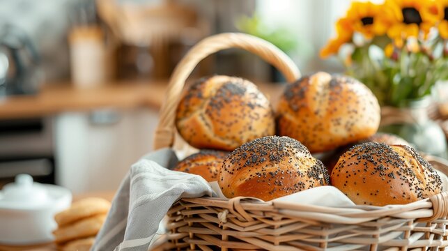 Delicious fragrant rolls with poppy seeds in a basket in a bright kitchen. Homemade buns baked for golden brown.