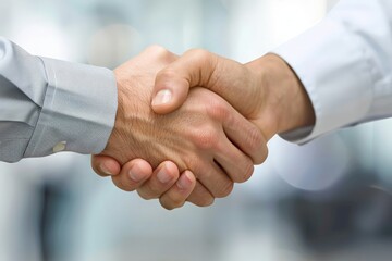 Two individuals are shown up close, engaging in a handshake as a symbol of mutual agreement and partnership.
