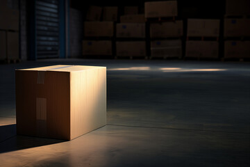 Lost cardboard box in warehouse in sunlight