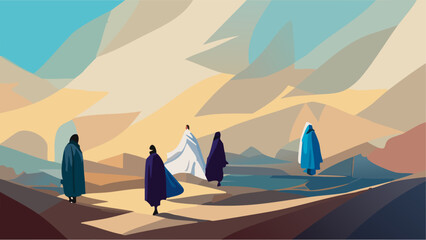 Travel illustration group of people walking in the mountains