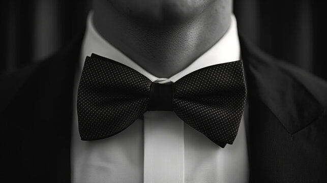Black bow tie on a man in a suit. Black and white photo.
