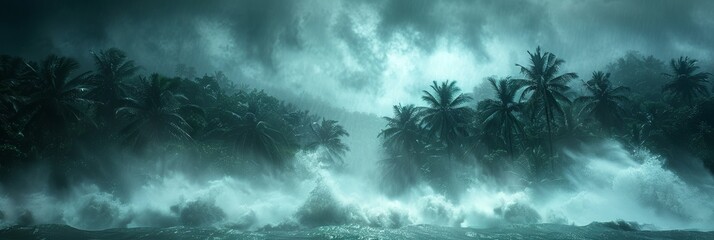 Oceanfront coconut orchard fights against raging storm surge - obrazy, fototapety, plakaty
