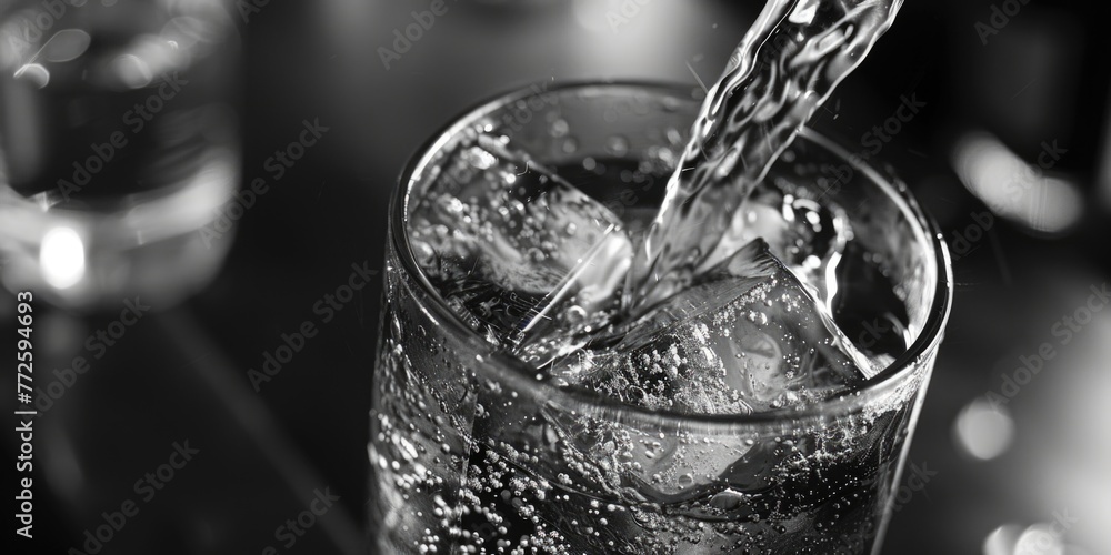 Poster a glass of water with ice cubes in it is being poured. the image has a mood of relaxation and refres