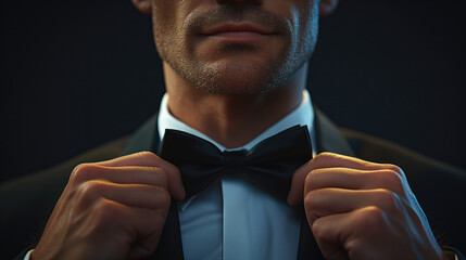 Close-up of a gentleman adjusting his bow tie on dark background