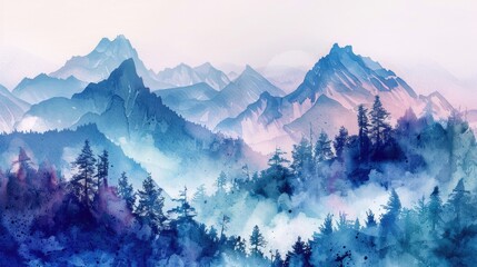 A mountain range with a blue sky and a few trees. The mountains are covered in a misty blue haze - obrazy, fototapety, plakaty