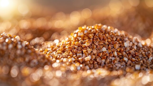 A pile of brown grains with a blurry background. The grains are scattered and piled up, creating a sense of depth and texture. The image evokes a feeling of warmth and comfort