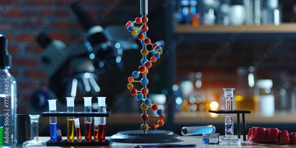 Poster a lab table with many beakers and test tubes, one of which has a dna strand in it