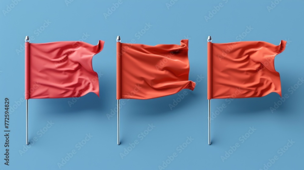 Poster three red flags are shown on a blue background. the flags are all different sizes and are all waving