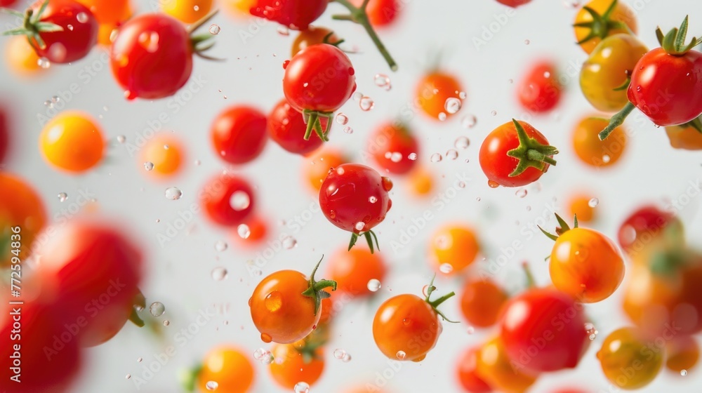 Poster a bunch of tomatoes are floating in the air. the tomatoes are red and orange. the image has a playfu