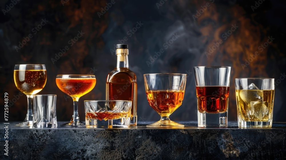 Poster a row of liquor bottles and glasses are lined up on a counter. the bottles are of various sizes and 