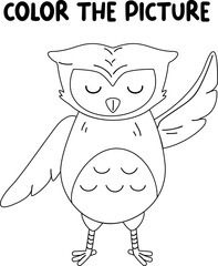 Kids coloring book page. Smiling owl isolated on white background.