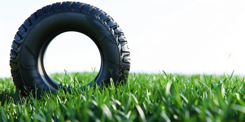 A black tire is sitting in a field of green grass. The tire is in the center of the image and surrounded by the grass. The image has a peaceful and serene mood, as the tire is not in use