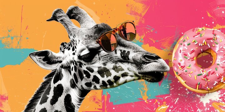 A giraffe wearing sunglasses and eating a donut. The image has a playful and fun mood, with the giraffe and donut being the main focus