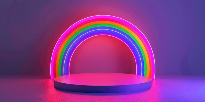 A neon rainbow is lit up against a purple background. The rainbow is lit up in a way that it looks like it is floating in the air. Scene is bright and cheerful